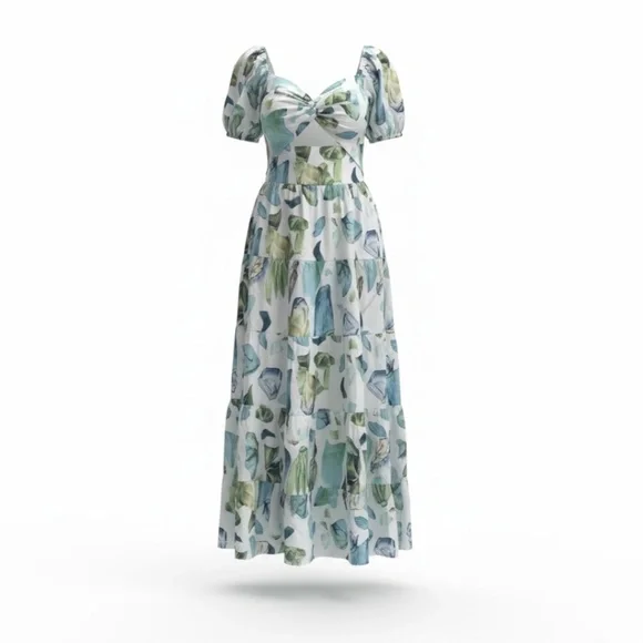 S.DEER Women's Tropical Leaf Print Maxi Dress Puff Sleeve Resort Summer NWT - Picture 4 of 4